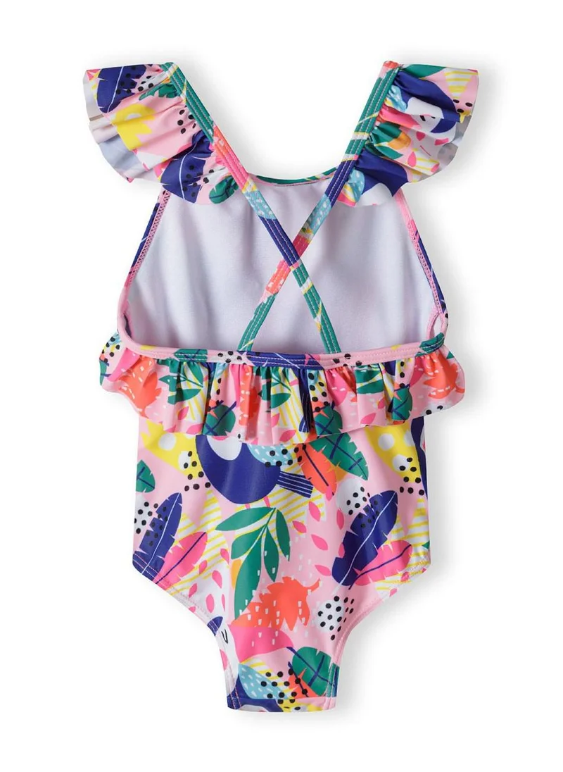 مينوتي مايوه بناتي بطبعة استوائية للببغاء وحمالات مزينة بالكشكش